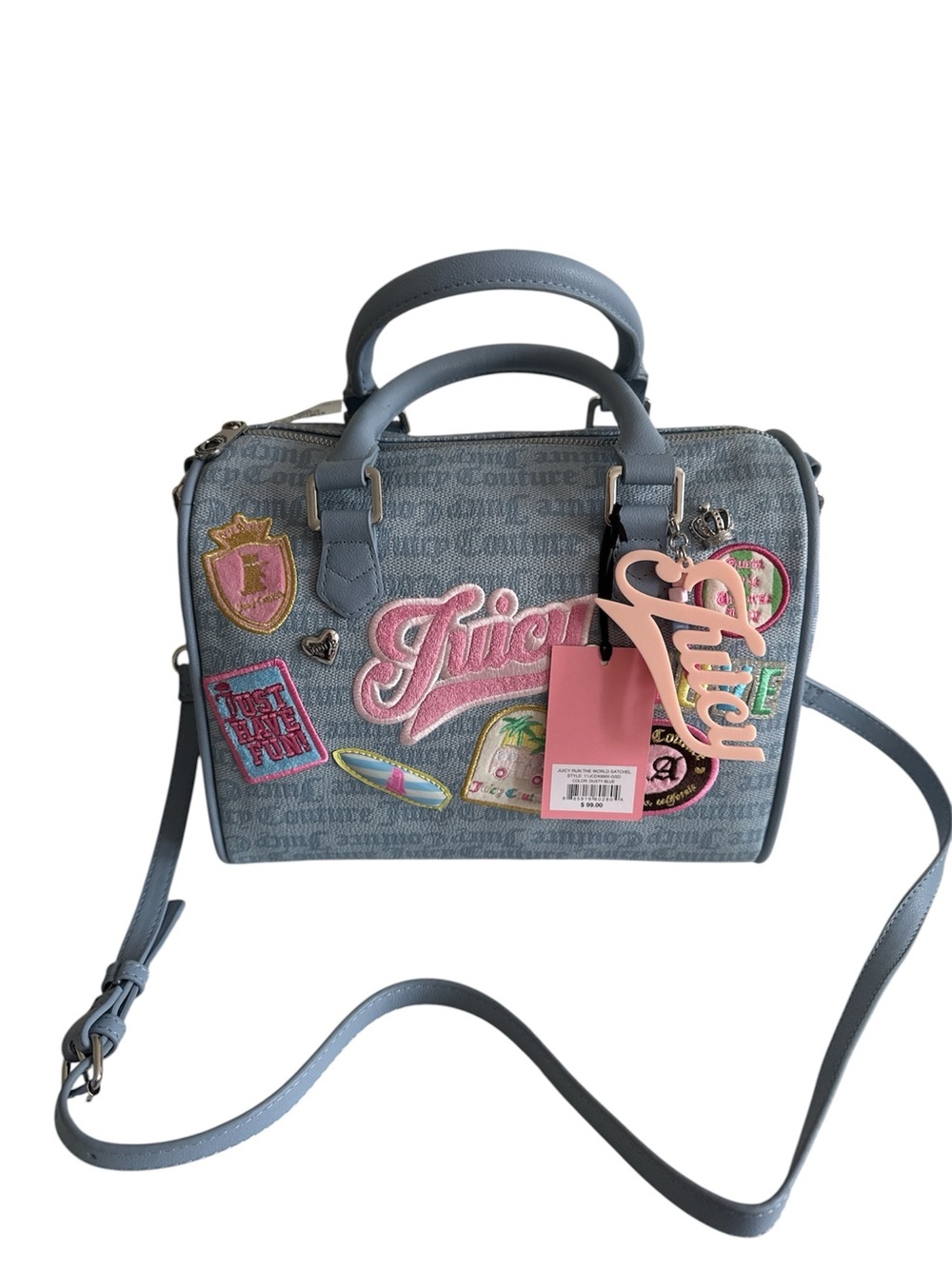 Juicy Couture Light Blue Patchwork Satchel with Pink Logo Charm